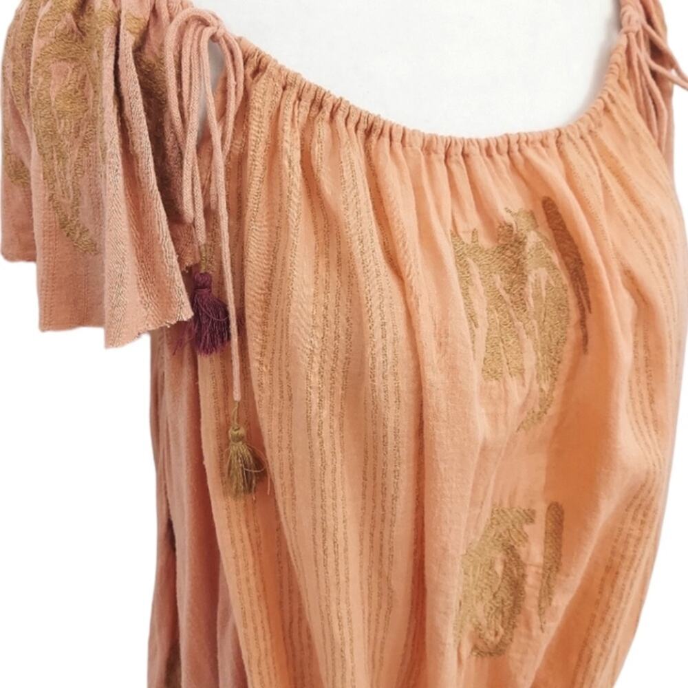 Free People Embroidered Peasant Top in Coral (Orange) with Gold & Burgundy XS - Picture 3 of 8